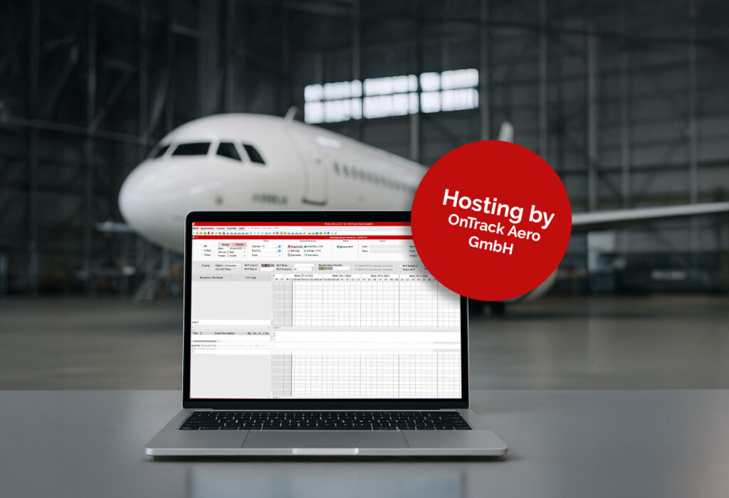 Amos 1 Laptop running AMOS aviation software in aircraft hangar